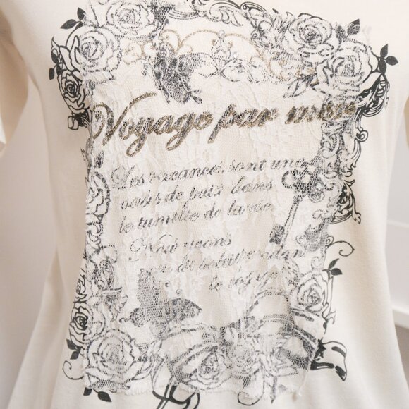 Cream French Graphic Script Print Lace Trim Tee 🇫🇷 AXES FEMME - Picture 2 of 11